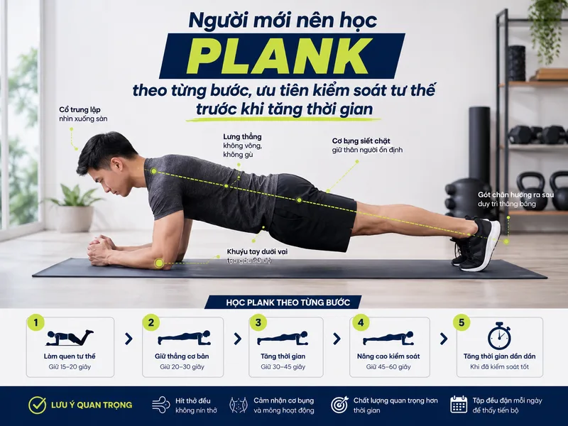 Người mới nên học plank theo từng bước, ưu tiên kiểm soát tư thế trước khi tăng thời gian
