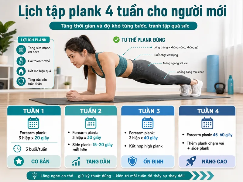 Plank chạm vai và nâng chân đòi hỏi core kiểm soát tốt để hạn chế hông xoay khi cơ thể mất điểm tựa
